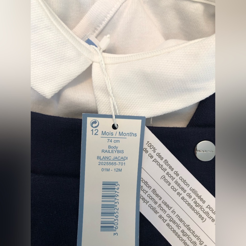 NWT! Jacadi Paris two piece white collared bodysuit & navy blue overall loungers - Picture 5 of 12